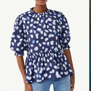 Women Blue White Puff Sleeve Peplum Ruffle Top XS Career Feminine Crisp Cotton